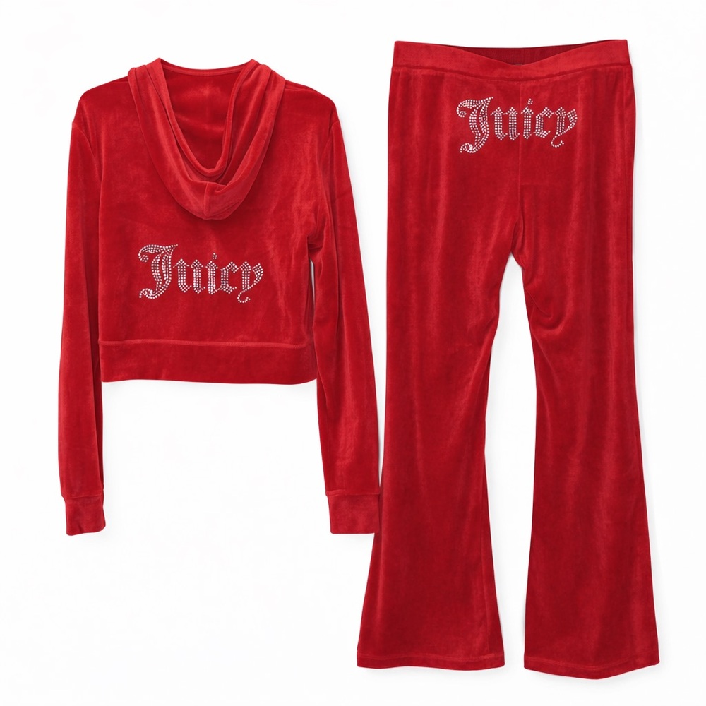 Juicy Couture Velour Coco Red Y2K Tracksuit Set Hoddie Pants Womens L Bling New